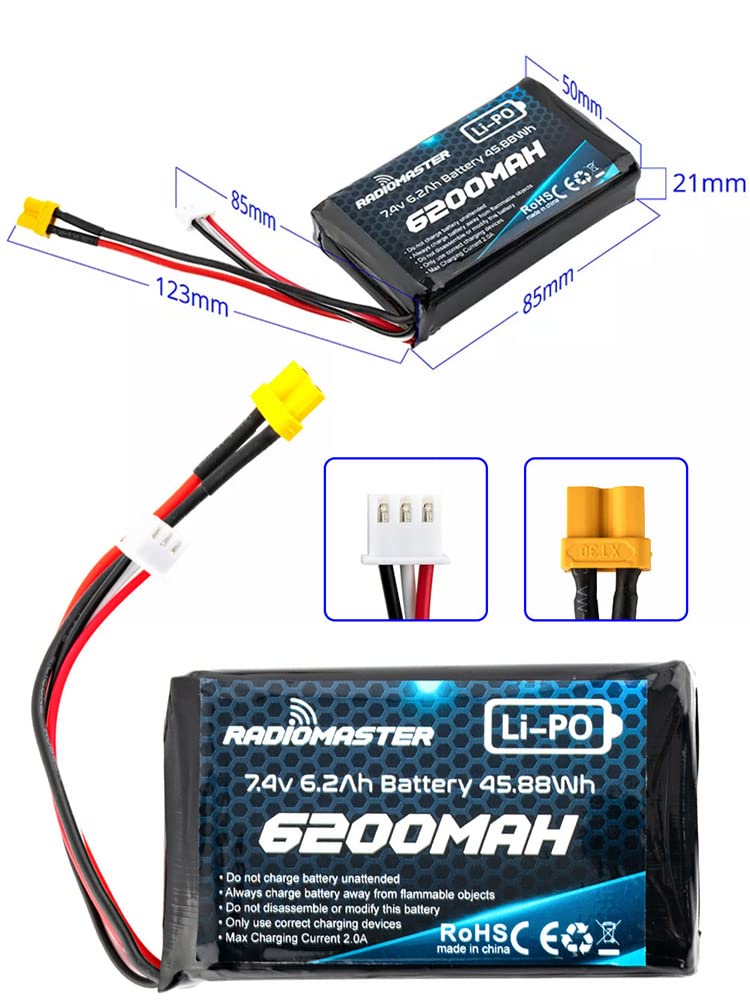 RADIOMASTER SoloGood 7.4V 2S 6200mAh Large Capacity Rechargeable Lipo Battery with XT30 JST-XH Connector Compatible Boxer TX16S