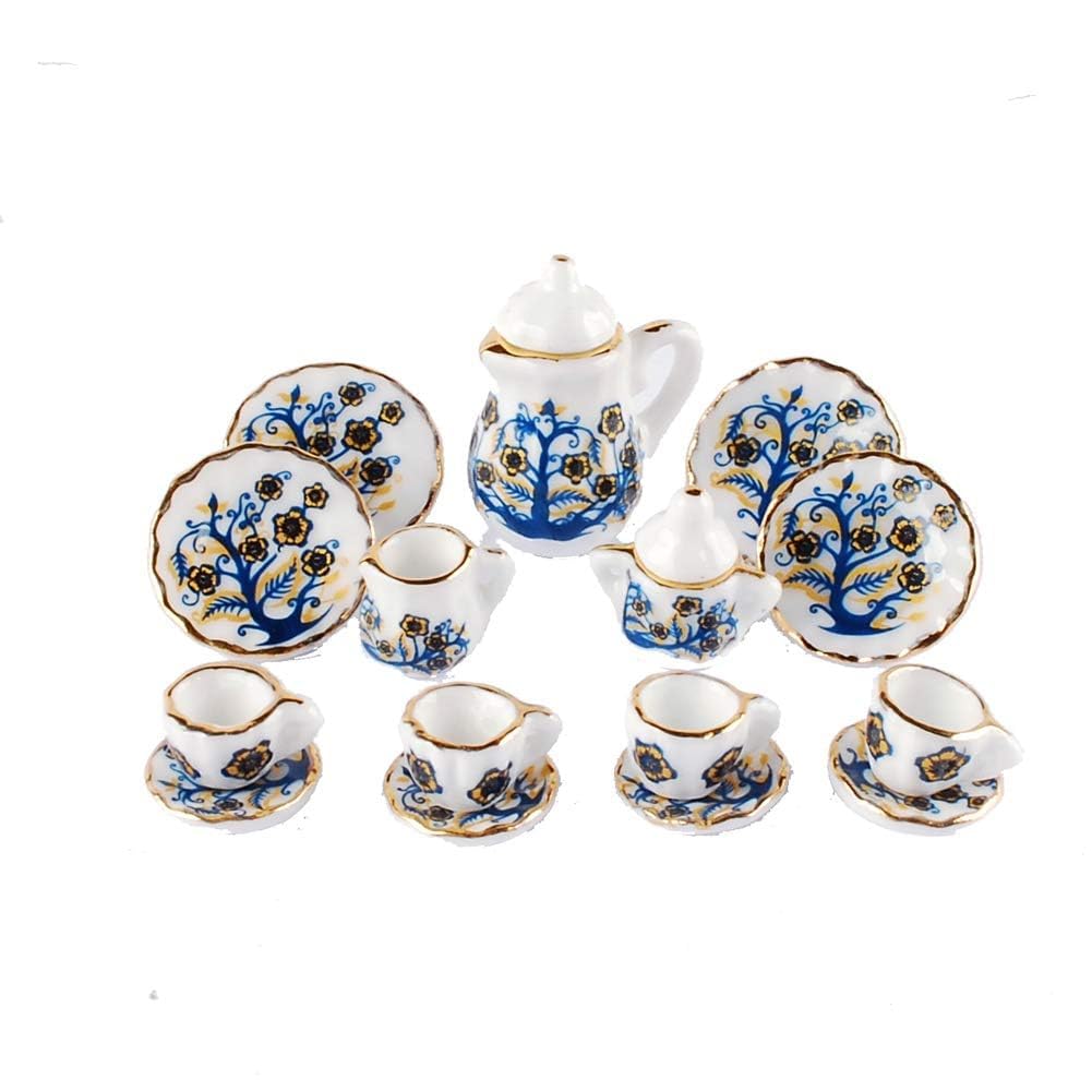 Baenrcy 1 Set 15 Pieces 1:12 Ceramics Tea Cup Set Lovely Dollhouse Decoration Set Dollhouse Kitchen Accessories (#6)