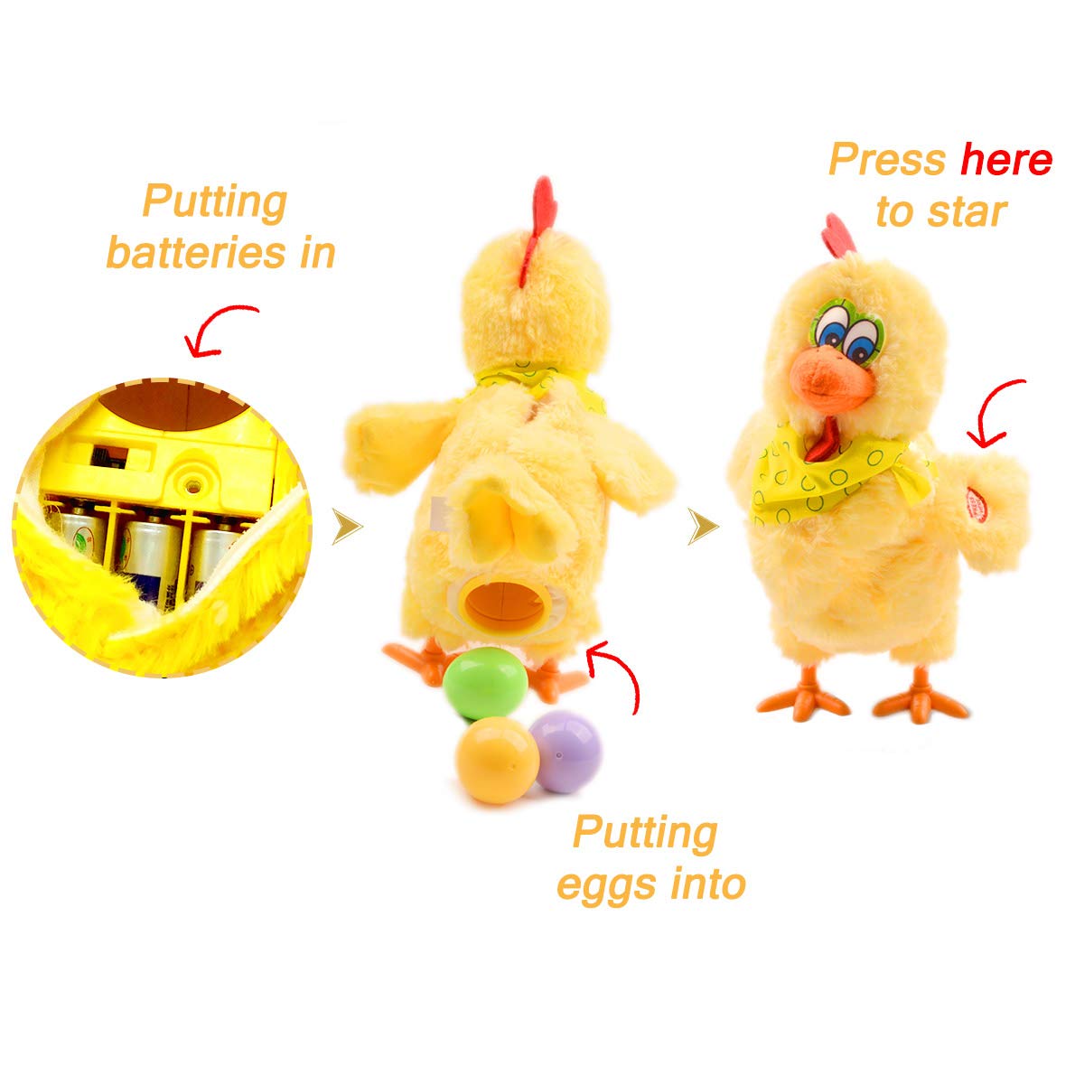 Plush Chicken Laying Eggs Toy Electric Stuffed Animal Crazy Chick Doll with Sound Music for Boys Girls (29.05cm)