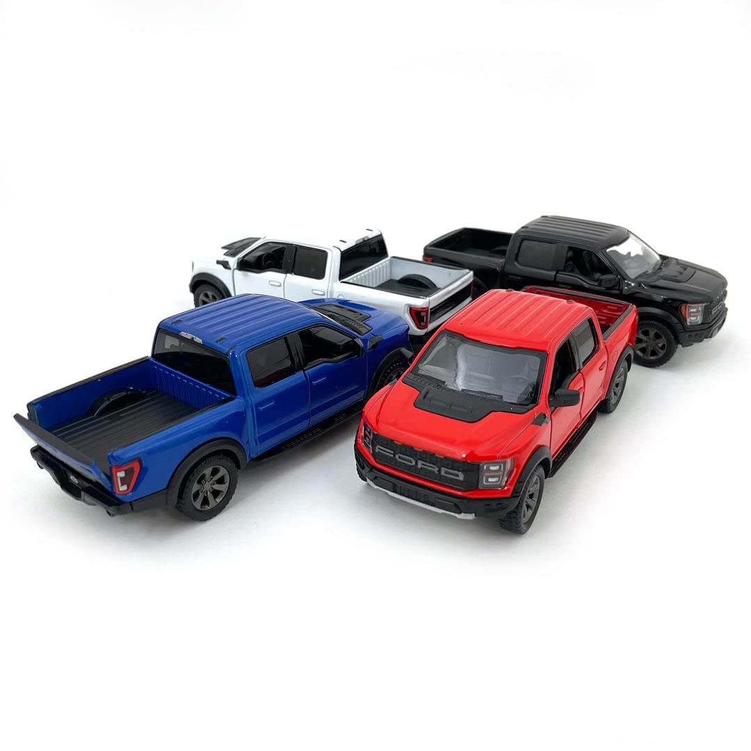 KiNSMART SetOf4 2022 Ford F-150 Raptor 5'' 1:46 Scale Die Cast Model Toy Truck Black, White, Red, Blue