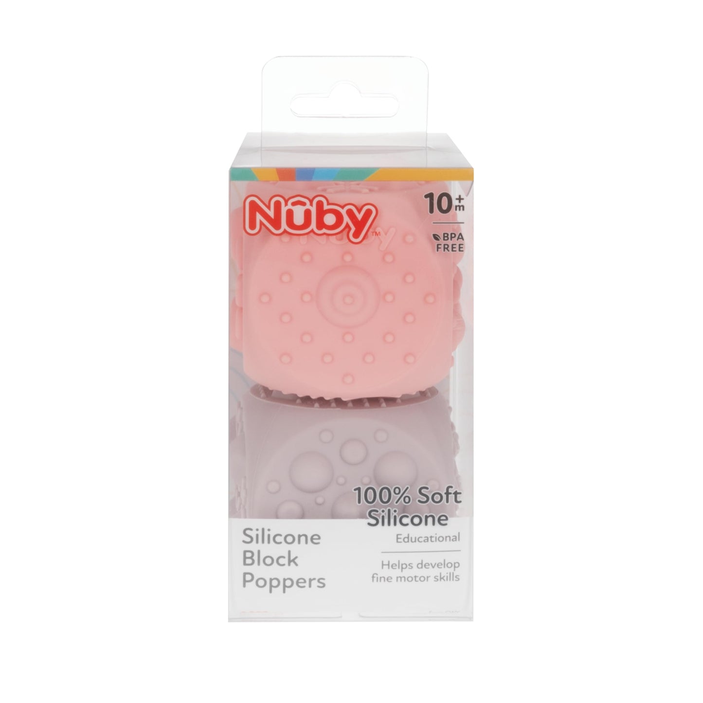 Nuby Silicone Block Poppers - (2-Pack) Interactive Baby Block Toy For Babies 10+ Months - Pink And Purple