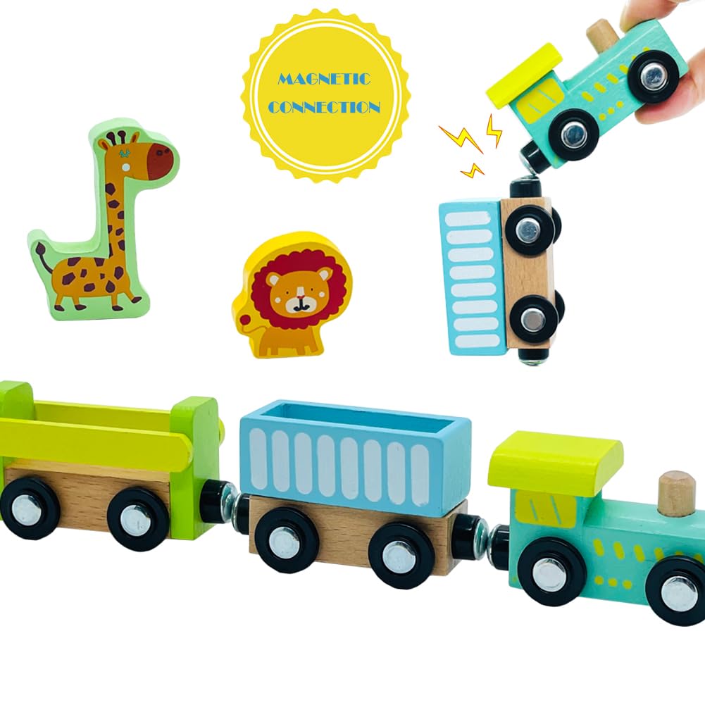 Wooden Trains Cars With Crane Magnetic Train Toys For Wooden Train Tracks Train Sets For Toddlers And Kids Ages 3+ (Zoo Train)