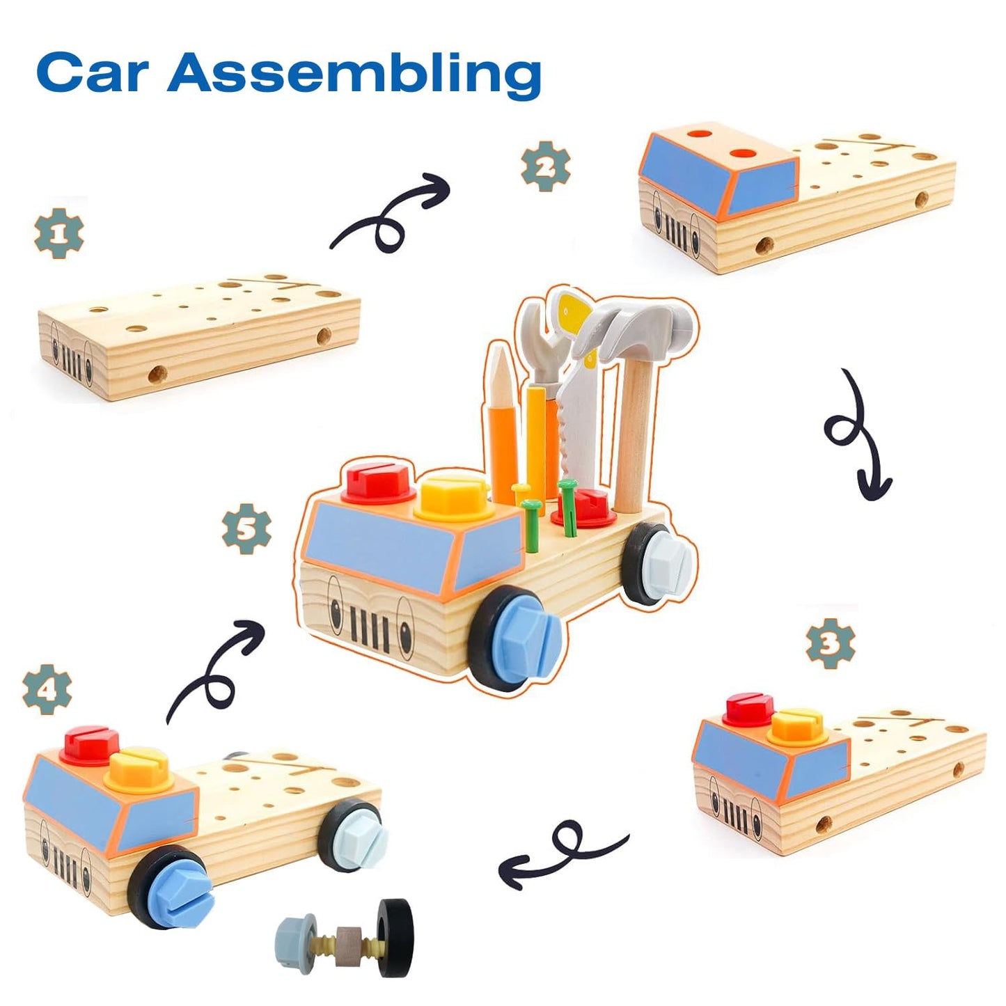 Oujila Wooden Tools Car Set Toy Hammer For Toddlers 2 3 4 5,Stem Montessori Early Educational Construction Toys For Kids, Gift F