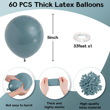 Jobkoo Slate Blue Balloons 5 Inch, 60Pcs Small Dusty Blue Balloon Dark Teal Blue Latex Balloons 5'' Mini Matte Blue Retro Sea Bl