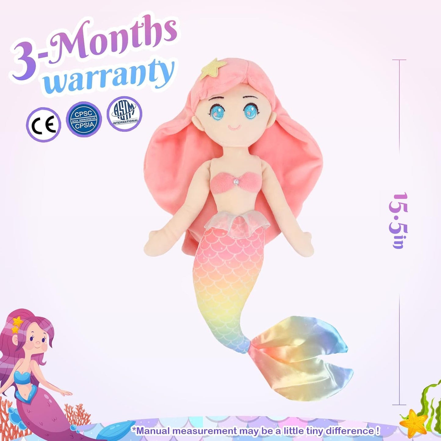 Athoinsu Mermaid Princess Stuffed Animal Cuddly Soft Hugging Plush Toy Doll Birthday Children'S Day Christmas For Toddlers Girls, Pink, 15.5''