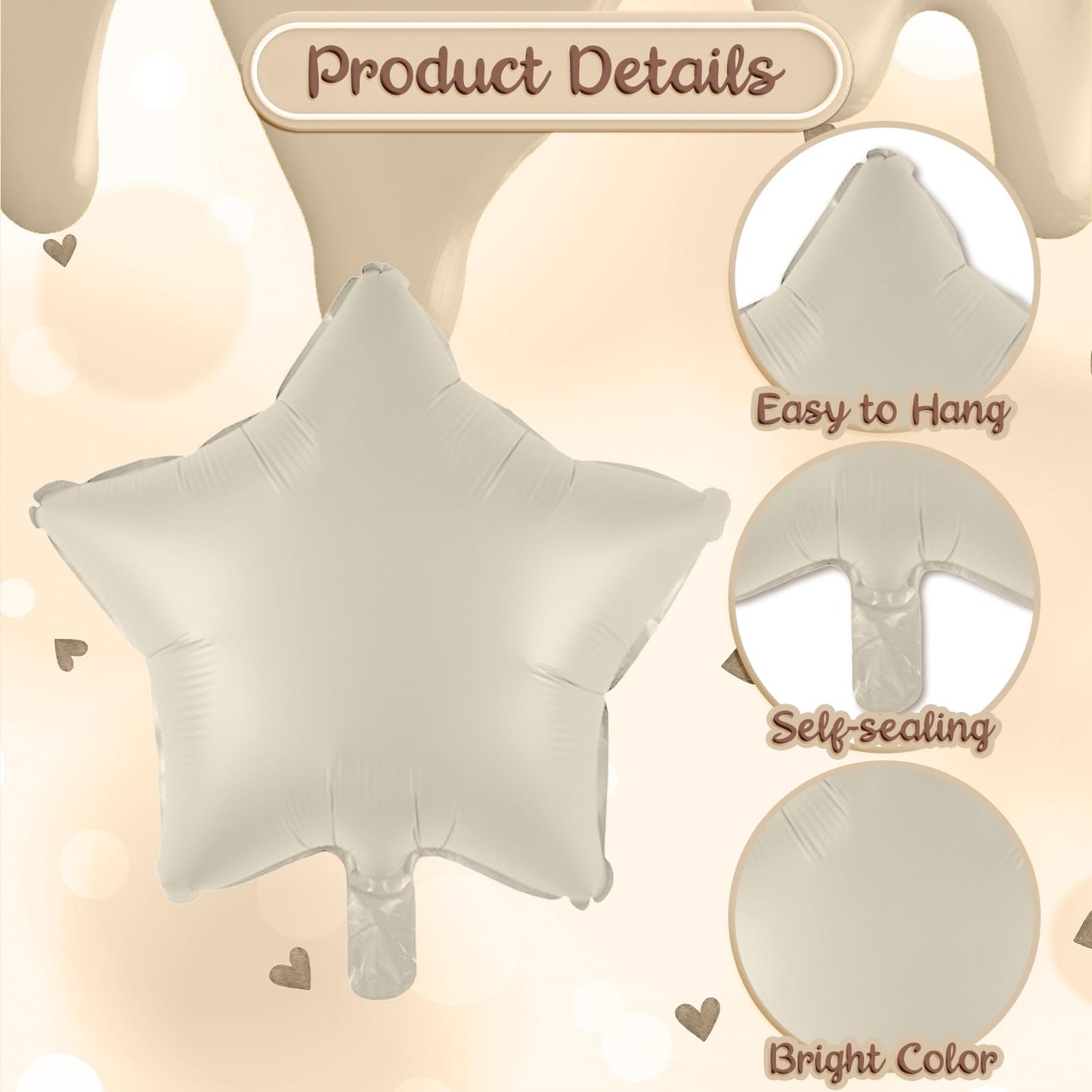 12Th Birthday Balloons For Girls, Large Foil Beige Cream Sand White Neutral 12 Balloon, Nude Tan Apricot Brown Helium Heart Star