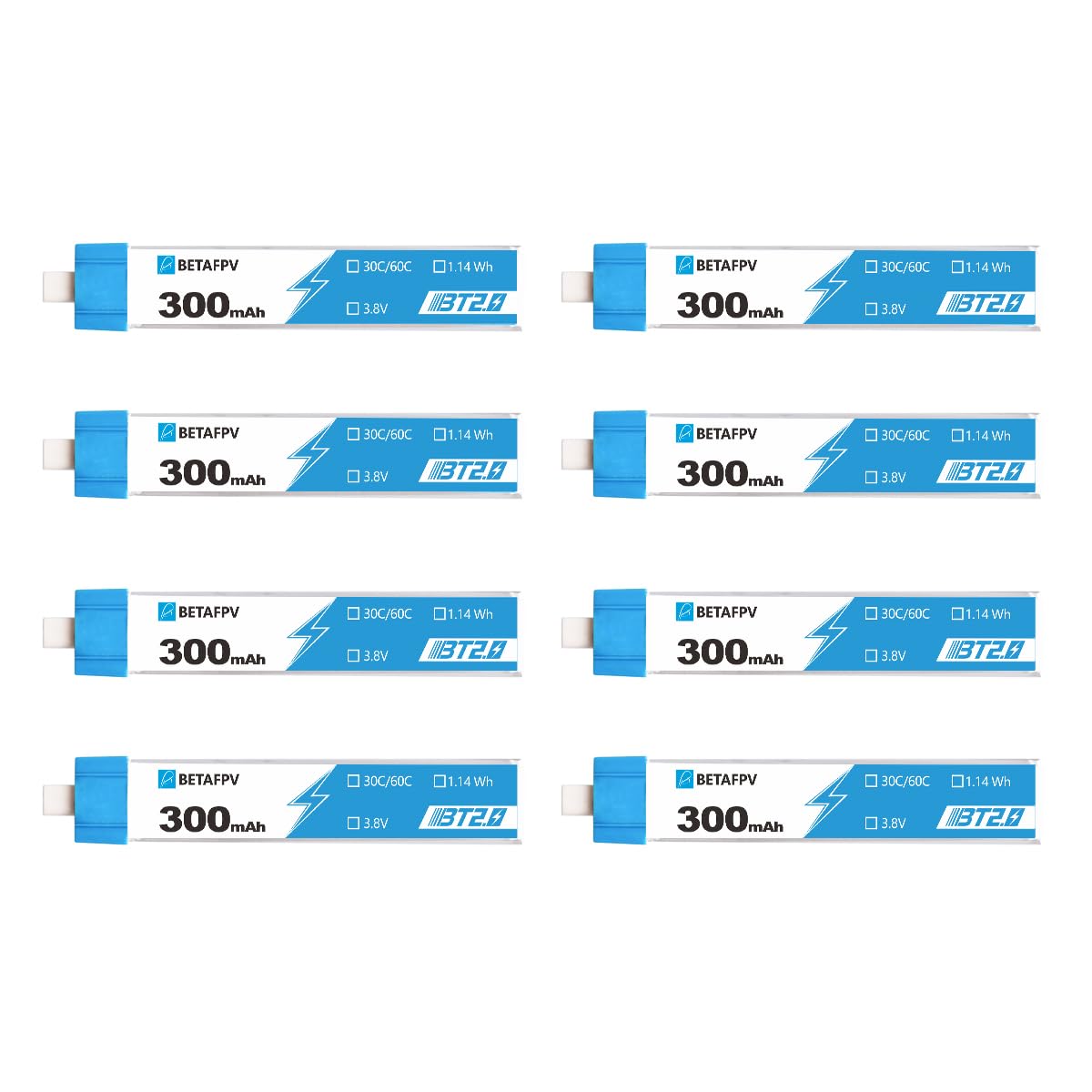 BETAFPV 8pcs BT2.0 300mAh 1S Battery 3.8V 30C/60C FPV Lipo with 1.0mm Banana Connector for FPV Tiny Whoop 1S Brushless Whoop Dro