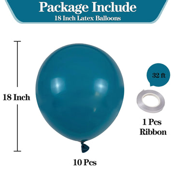 Kalor 18 Inch Peacock Blue Balloons, 10Pcs Thick Latex Round Helium Balloons For Birthday Family Party Wedding Party Baby Shower Decoration Supplies