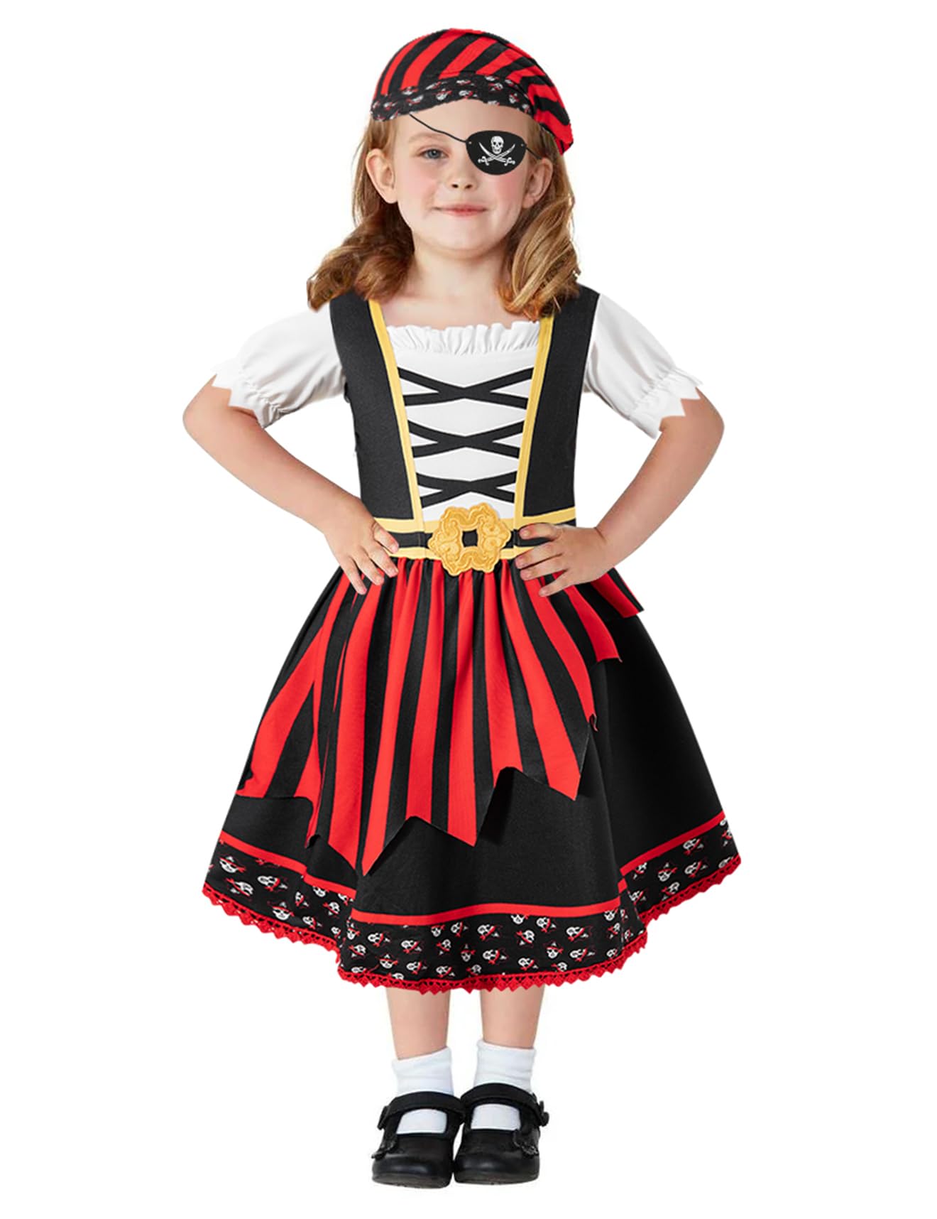 Okbebe Toddler Baby Girl Pirate Costume Halloween Sea Buccaneer Dress And Pirate Eye Mask With Hat (Red,3T)