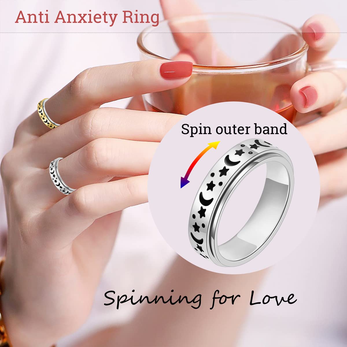 Mhwtty Anxiety Ring For Women Fidget Ring Stainless Steel Spinner Rings Moon Star Fidget Rings Gift For Women Men Silver Size 6