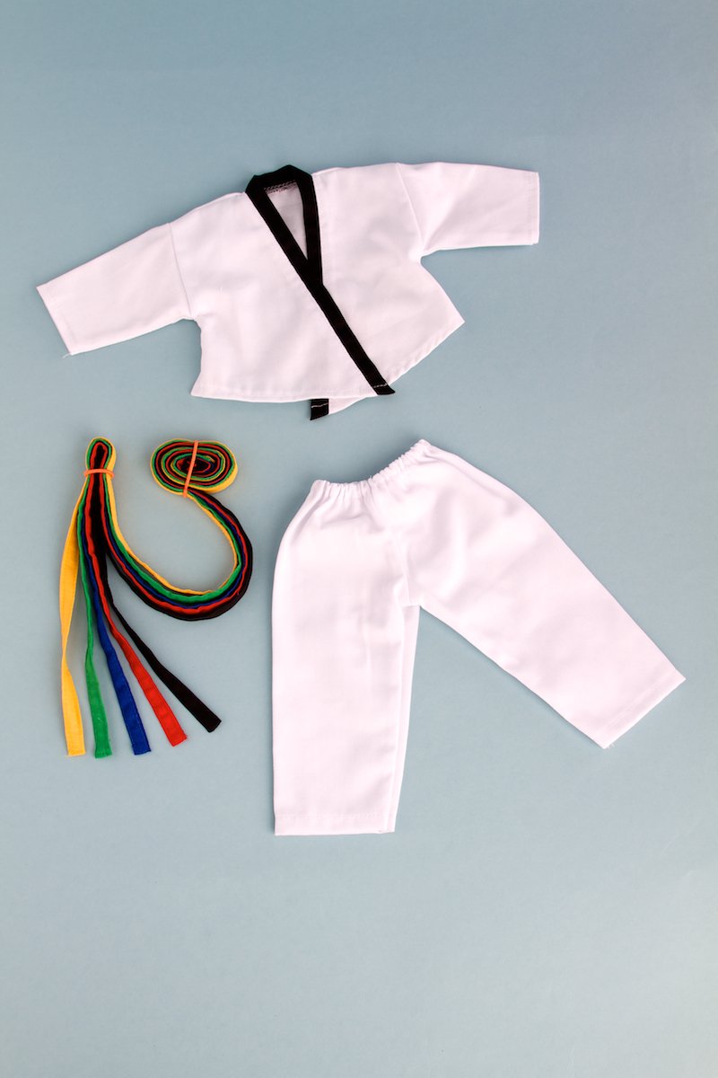 - Yin And Yang - Karate/Tae Kwon Do Outfit Includes Blouse, Pants And 5 Belts - Yellow, Green, Red, Blue And Black - Clothes Fits 18 Inch Doll (Doll Not Included)