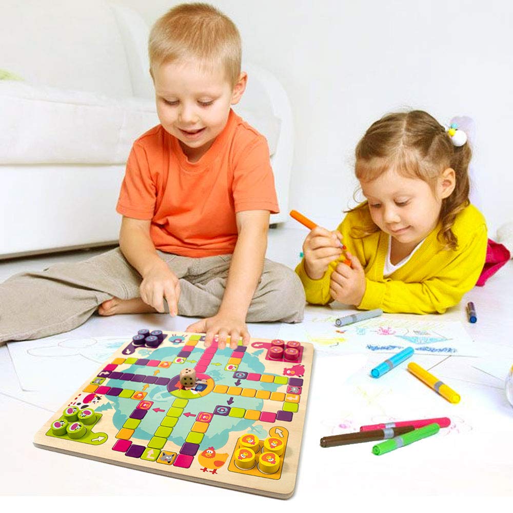 Omotiya Flying Chess For Happy Farm, Wooden Board Game For Kids Toddlers And Family Age 3 And Up For 2-4 Players, Boys And Girls