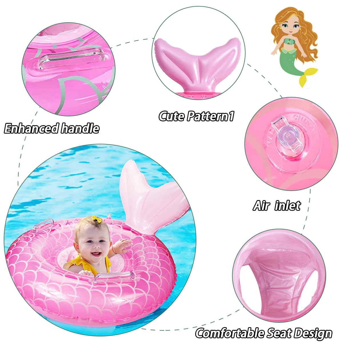 New Baby Swimming Pool Floats For Toddler Kids 0-8 Years Under 44Lb, Inflatable Swim Ring Water Raft With Seat And Handle For Summer Beach Outdoor Children Infant Bath Toys (Pink Mermaid 2)