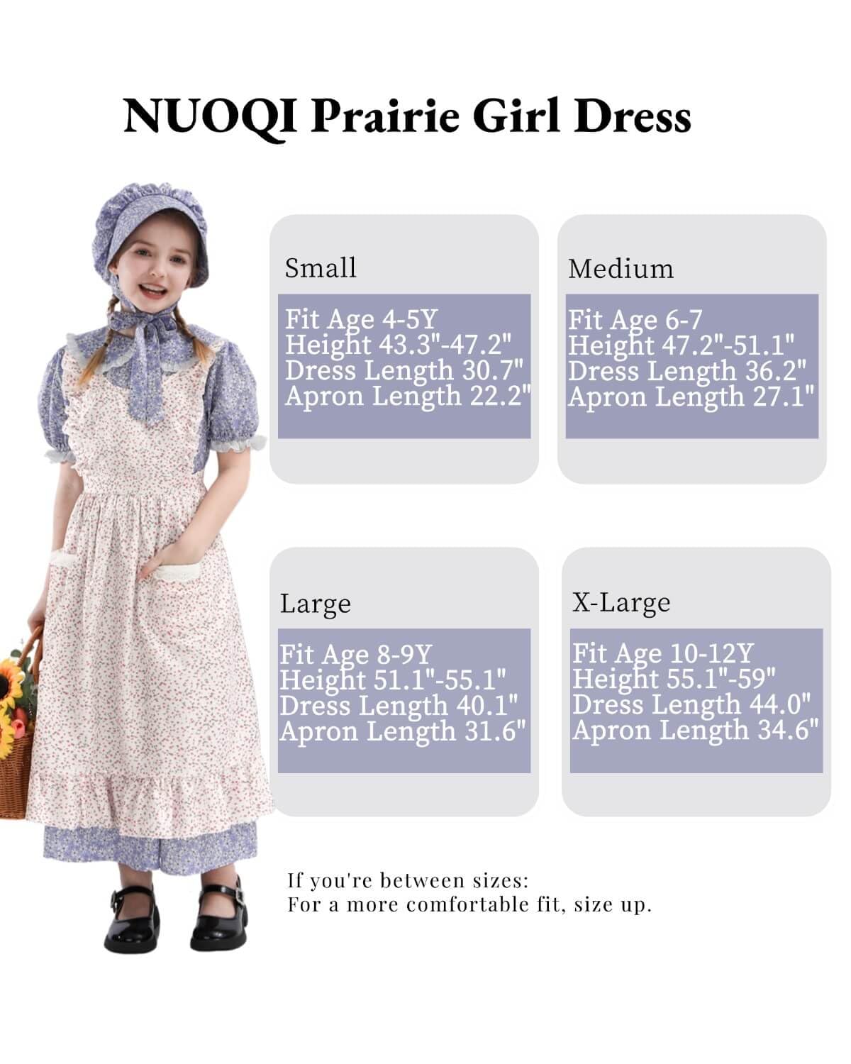 Nuoqi Colonial Costume Girls Prairie Pioneer Dress Laura Ingalls Wilder Costume With Apron Purple, 4-5