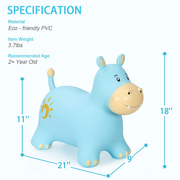 INPANY Bouncy Horse Hippo Hopper Toy, Inflatable Rubber Ride-On for Kids, Blue, Ideal Birthday Gift for 2-4 Year Olds