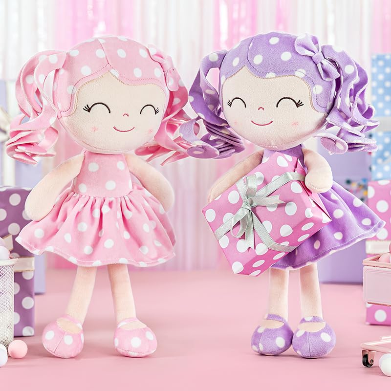Gloveleya Doll Baby Dolls Plush Baby Doll My First Baby Doll Rag Doll Soft Doll Baby Girl Gifts Curly Hair Purple Pink Polka Dots Dress 12Inches