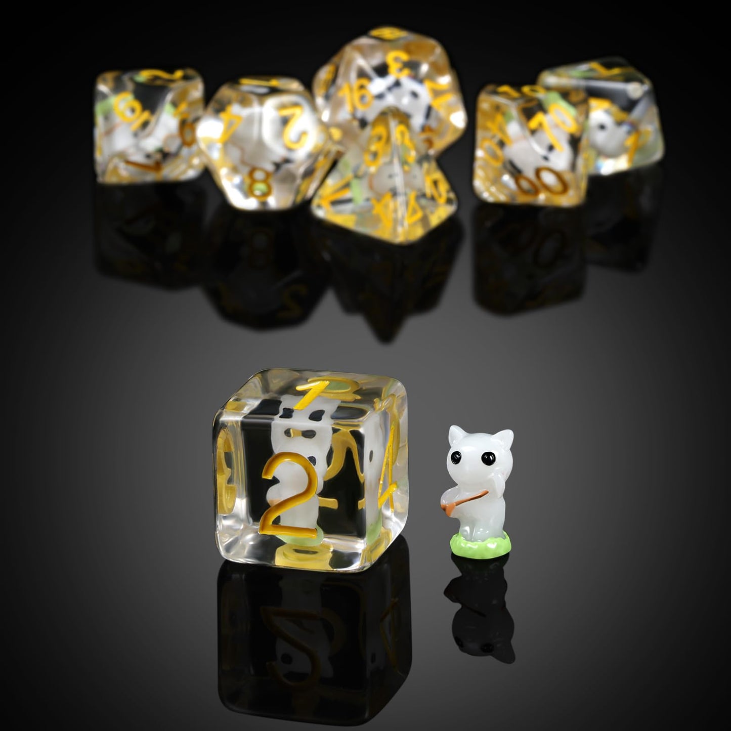 White Cat Gaming Dice Set D&D, DNDND 7PCS Resin DND Dice with Velvet Bag for Dungeons and Dragons Role Playing Games and Tableto