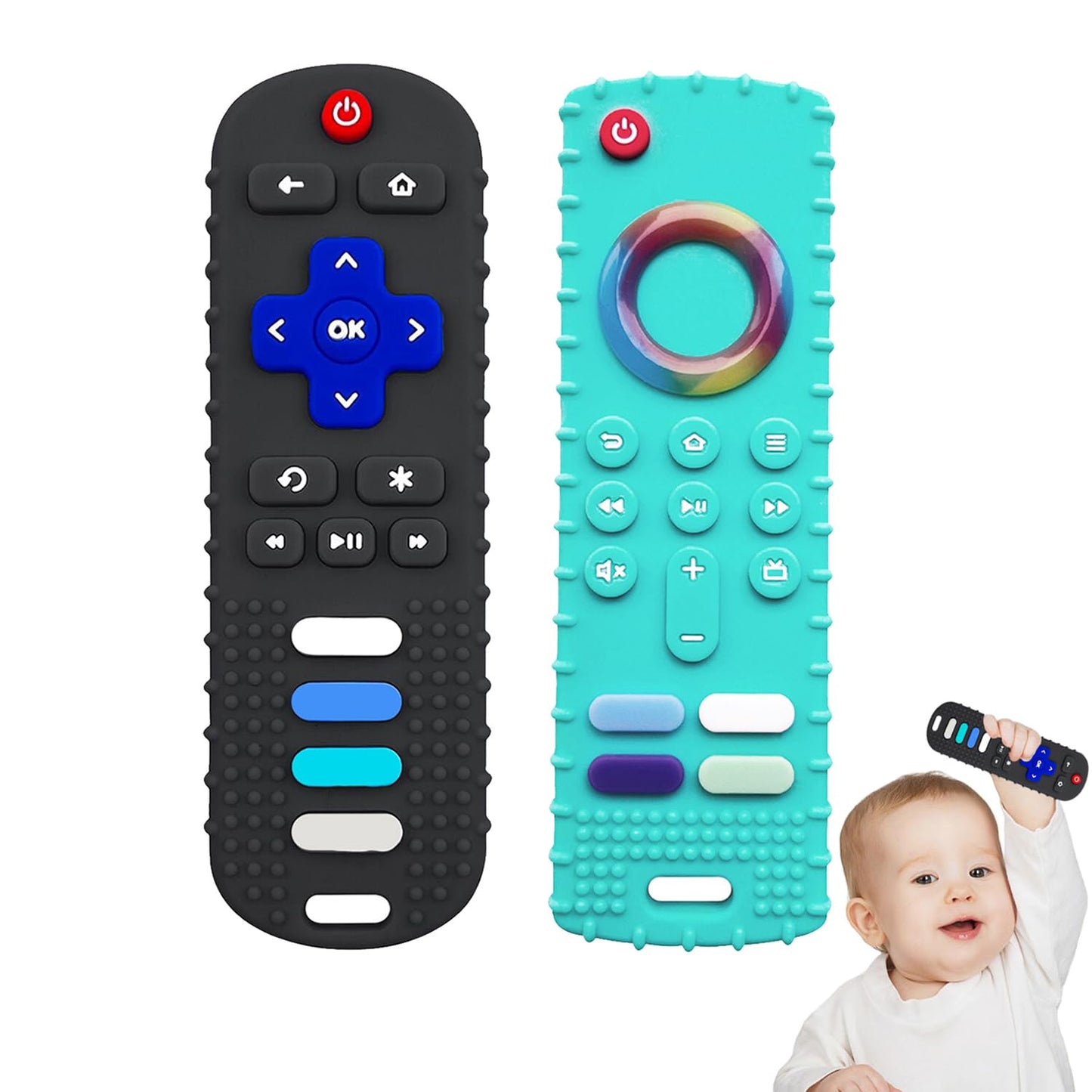 Yapromo Baby Teething Toys,Reomte Teether Toys, Silicone Chew Toy For Babies 18+ Months, Remote Control Shape Teething Toys, Early Educational Toy Bpa Free & Refrigerator Safe (Black01&Green02)