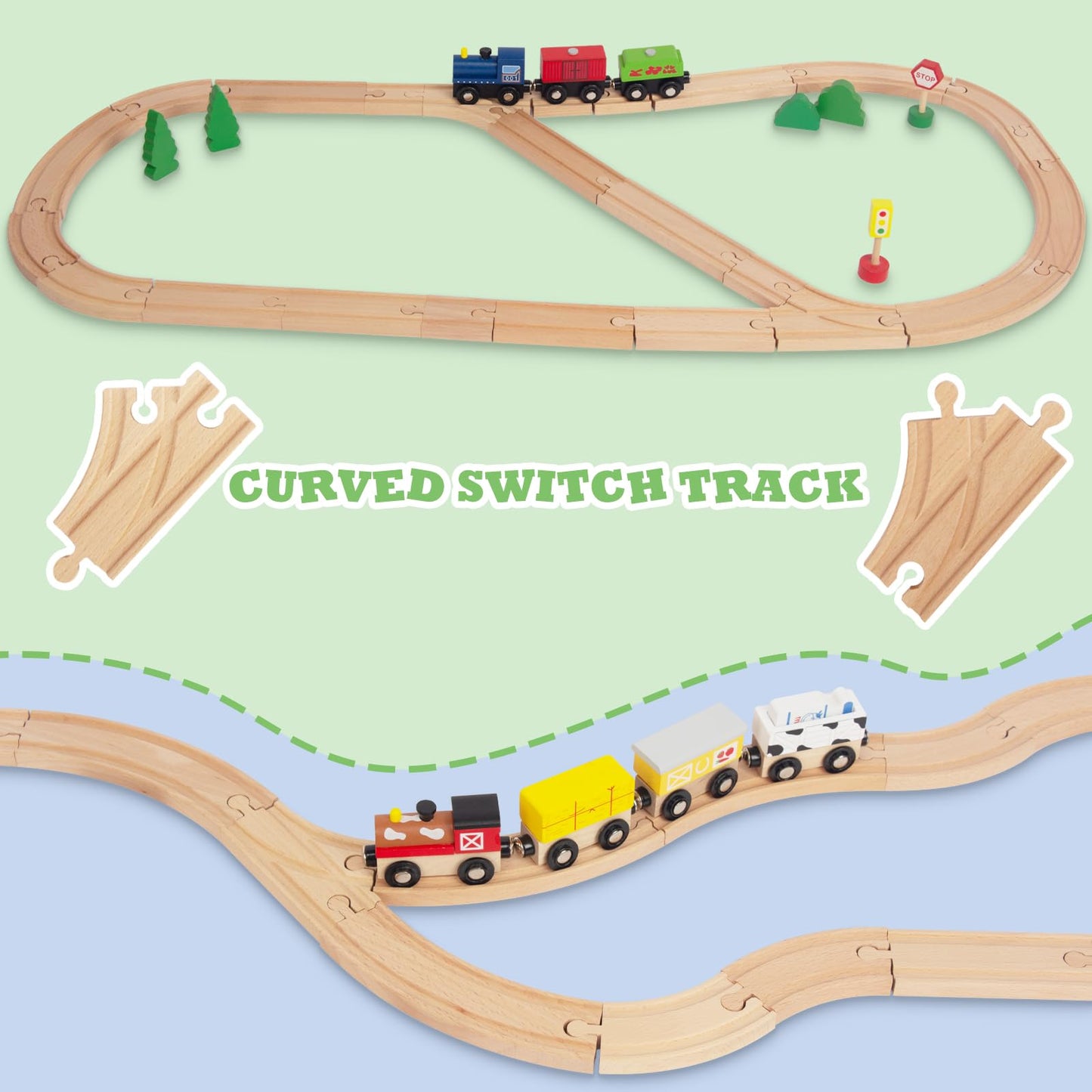Wooden Train Tracks 24 Piece Set, Track Expansion and 9 Distinct Pieces - 100% Compatible with All Major Brands Including Thomas