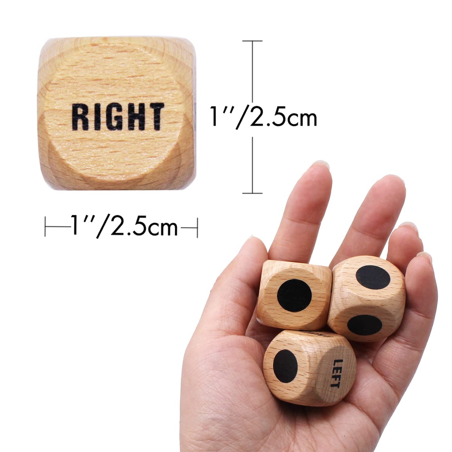 Bilywey 3Pcs Left Right Center Game Dice 1 Inch Beech Wood Dices With Drawstring Bag (3 Pcs)