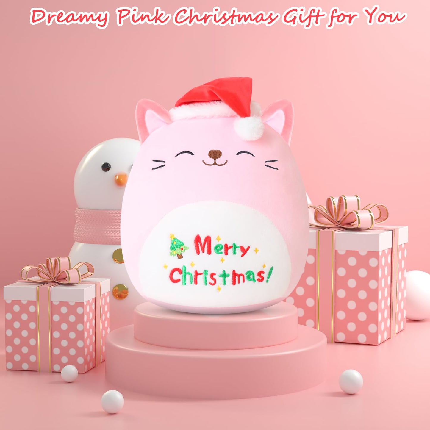 Sqeqe Christmas Cat Stuffed Animal Pink Cat Plush Wearing Christmas Hat Kawaii Christmas Cat Plushies Toys Soft Hone Plushie Decoration Gifts For Boys Girls (Christmas Caticorn, 10 Inch)