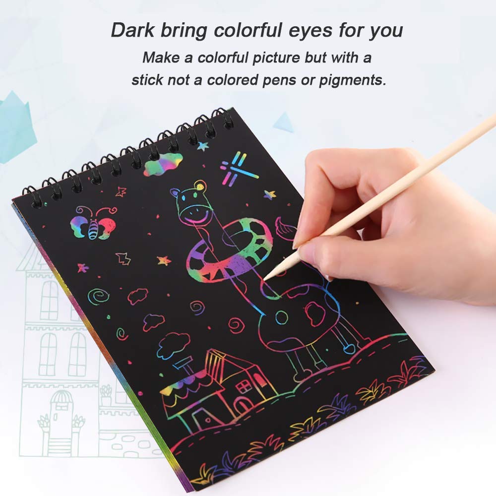 Pokonboy 16 Pack Scratch Arts And Crafts Notebooks, Scratch Note Pads For Kids Rainbow Party Favors Coloring Books For Kids Art Party Supplies Stocking Stuffers(16 Wooden Stylus & 4 Drawing Stencils)
