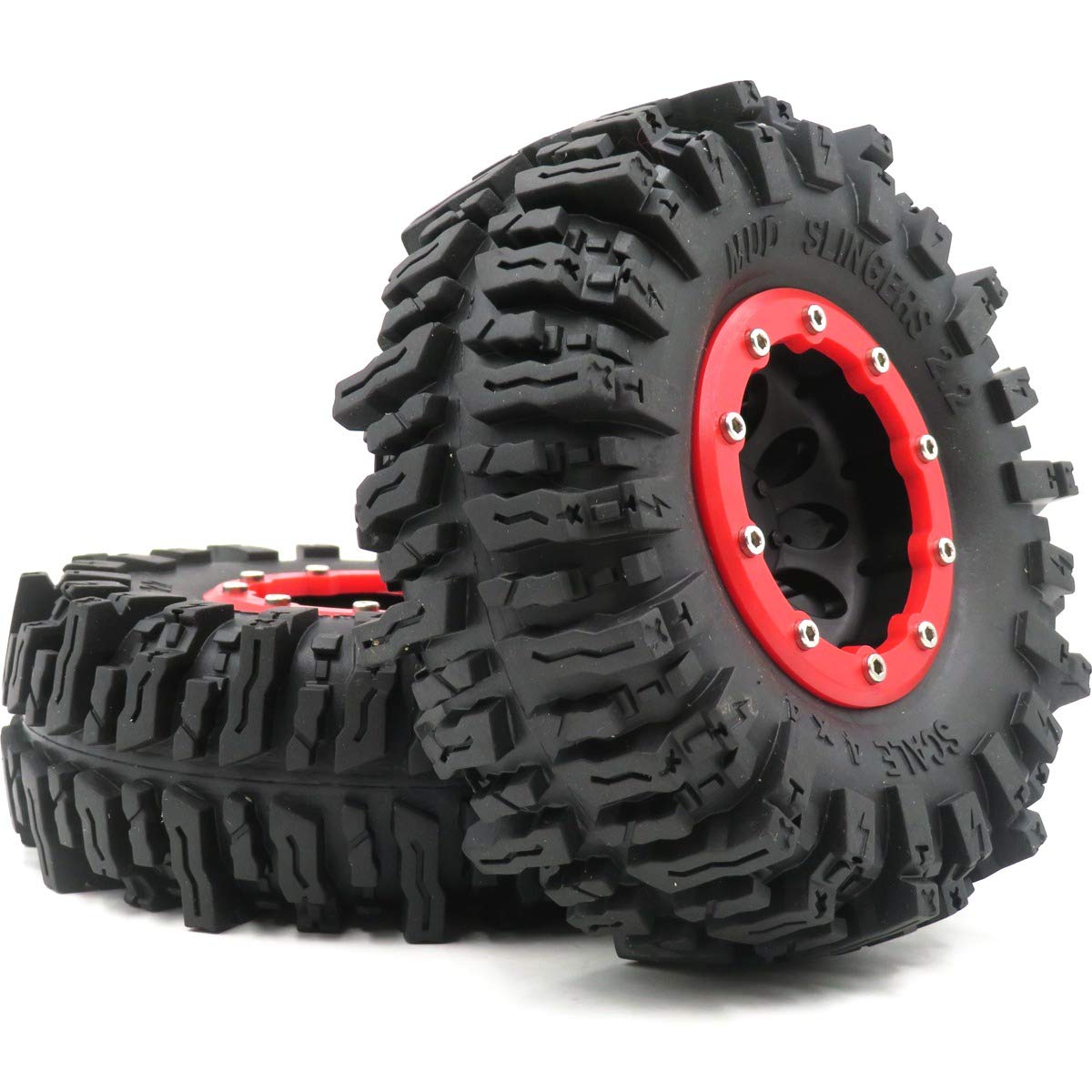 hobbysoul 2pcs RC Rock Crawler 2.2 Mud Slingers Tires OD 124mm & 2.2 Beadlock wheel rim Hex 12mm for RC Crawlers Truck
