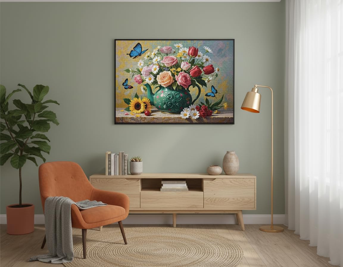 Tomzio 1000 Pieces Jigsaw Puzzles for mature-themeds Floral & Bird Series - Exquisite Nature Art & Seamless Fit Calming Brain Teaser Large 28 x 20 Great Gift for Garden Lovers(Blooming Teapot)