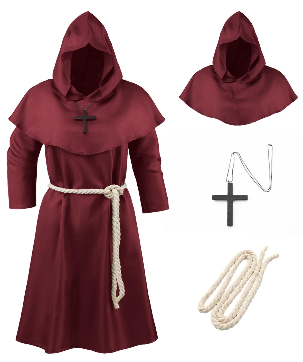 Knelor Medieval Monk Hooded Robe Priest Friar Robe Halloween Cosplay Costume Cloak For Boys And Girls