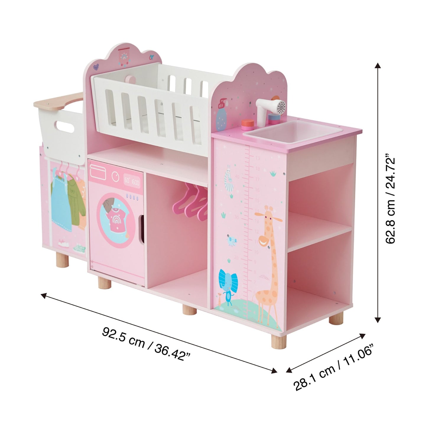 Olivia's Little World 6-in-1 Wooden Doll Nursery Station - Pink, Small, Model TD-13931A, Includes Cradle, High Chair, Storage, Washing Machine, Sink
