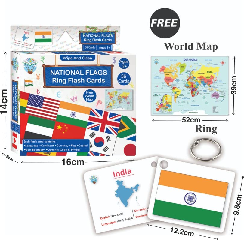 Tiddler World Country Flag Flashcards for Kids.56 Countries free World Map 52*39 cm & Ring IWipe & Clean National Countries, Cap