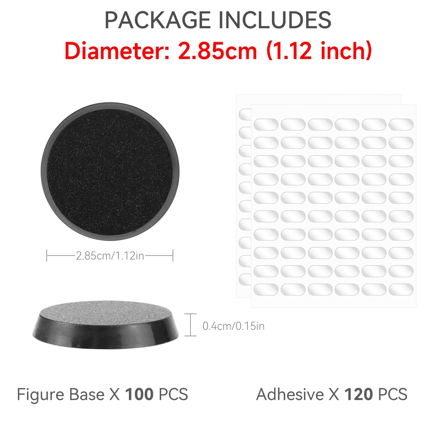 Titawu 100Pcs Miniature Bases+120Pcs Adhesive, 28.5Mm/1.12Inch Textured Plastic Black Round Model Base For Gaming Miniatures Or