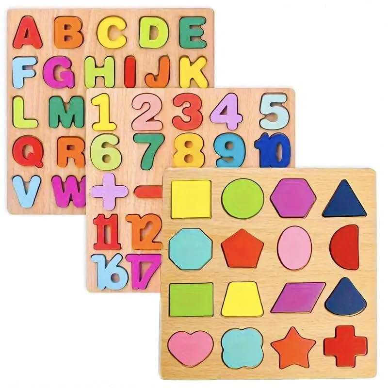 PopPlop Colorful Wooden Puzzle Set Featuring 3D Capital Alphabets, Numbers, and Shapes| ABCD Puzzle Set | Learning Educational B