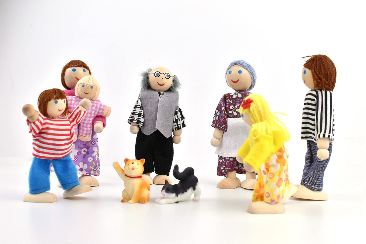 Jzszera Wooden Dollhouse People, 2-4 Inches Doll House Dolls Family With 2 Pets (Dog And Cat)
