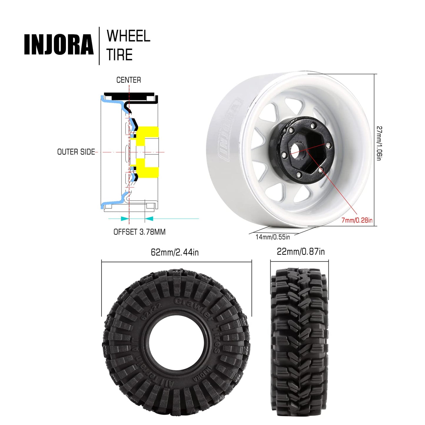 INJORA 1.0 Beadlock Wheel Tires Set -3.78mm Offset Wheel Rims for 1/18 1/24 RC Crawler Car Axial AX24 SCX24 FMS FCX24 TRX4M,Whit
