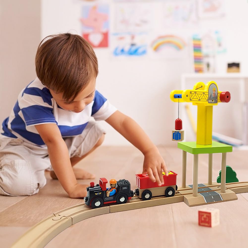 Wooden Train Track Accessories Wooden Crane Toy Set With Train Cars For 3 4 5 Year Old Boys Kids Other Major Wooden Rail Brands Are Compatible (Multi-Function Crane)