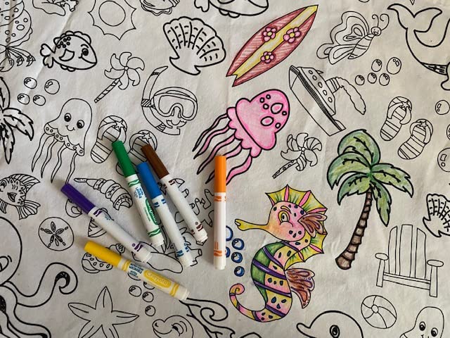 The Coloring Table - Oceantime Fun Design - Xl Rectangle Tablecloth - Fabric Coloring Tablecloth - Colorable Designs - Washable