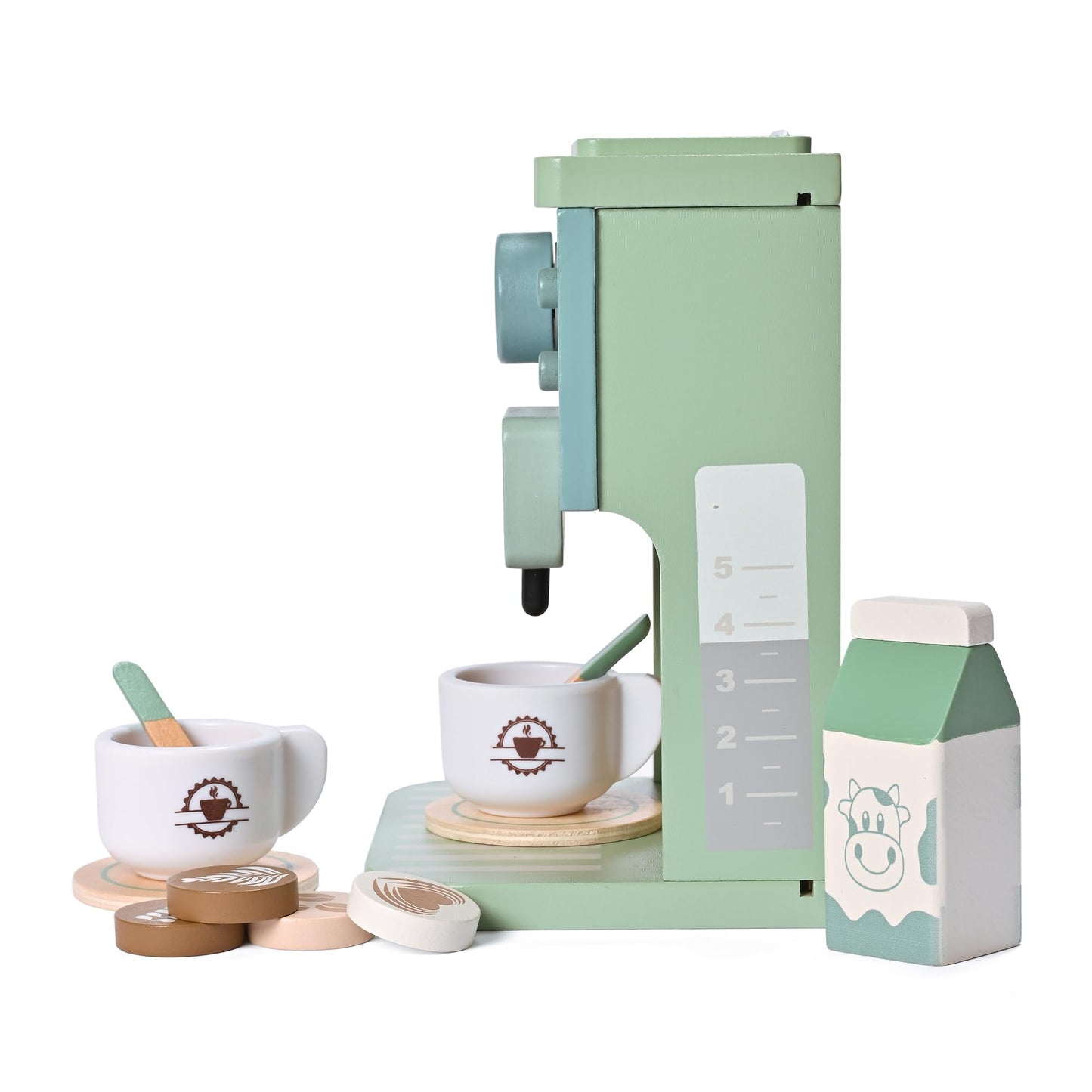 MONT PLEASANT Kids Wooden Toys Toddler Pretend Play Kitchen Accessories Green Coffee Maker Espresso Machine Playset Montessori K