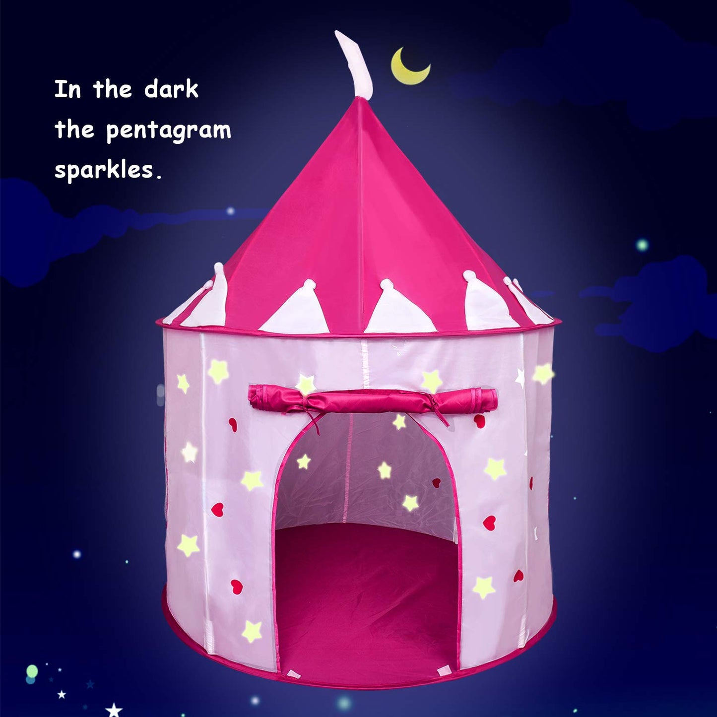 Princess Castle Play Tent With Glow In The Dark Stars Foldable Pop Up Pink Play Tent/House Toy For Indoor Kids Tent & Outdoor Ch