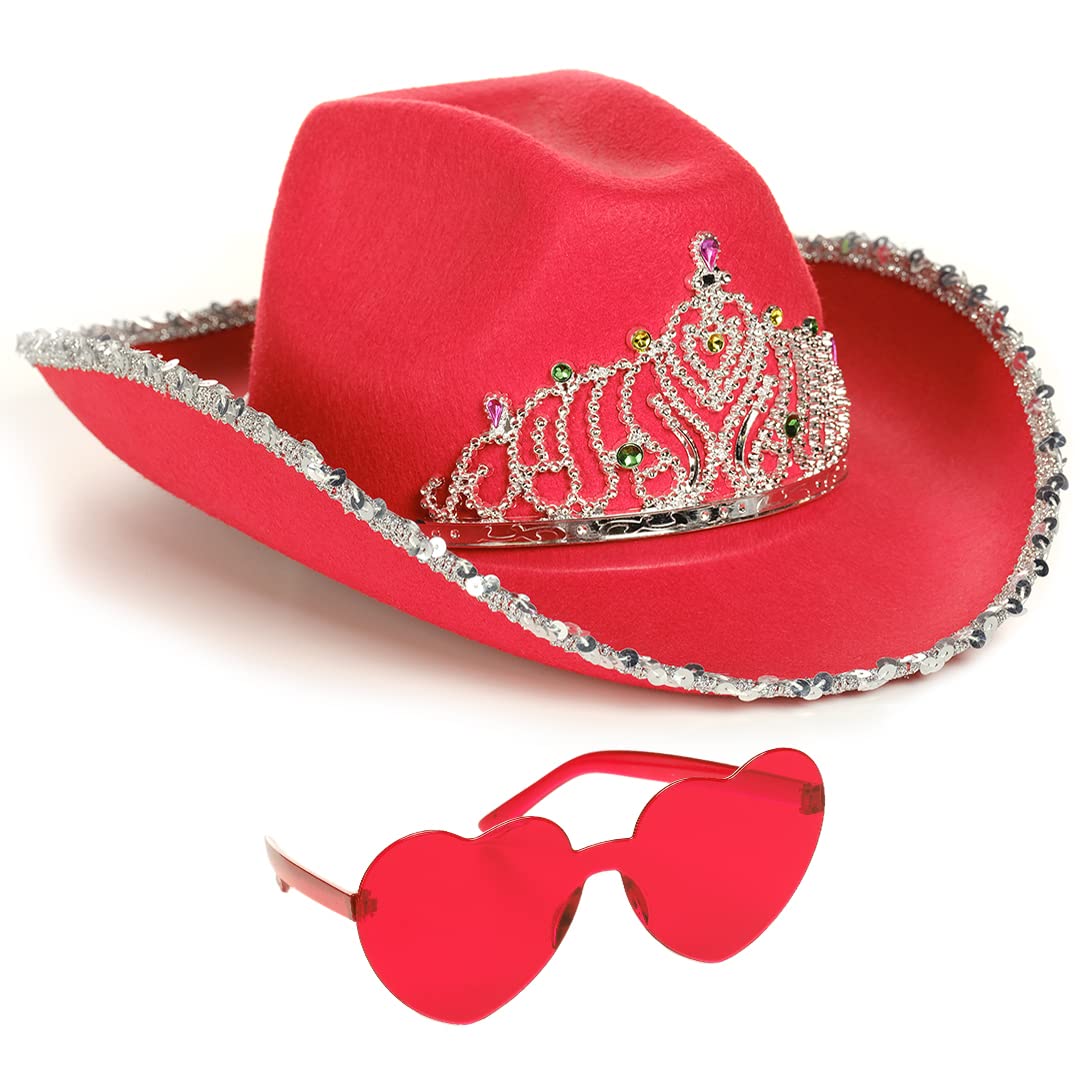 Funcredible Red Cowgirl Hat with Heart Glasses - Red Cowboy Hat with Tiara Crown - Halloween Cow Girl Costume Accessories - Fun