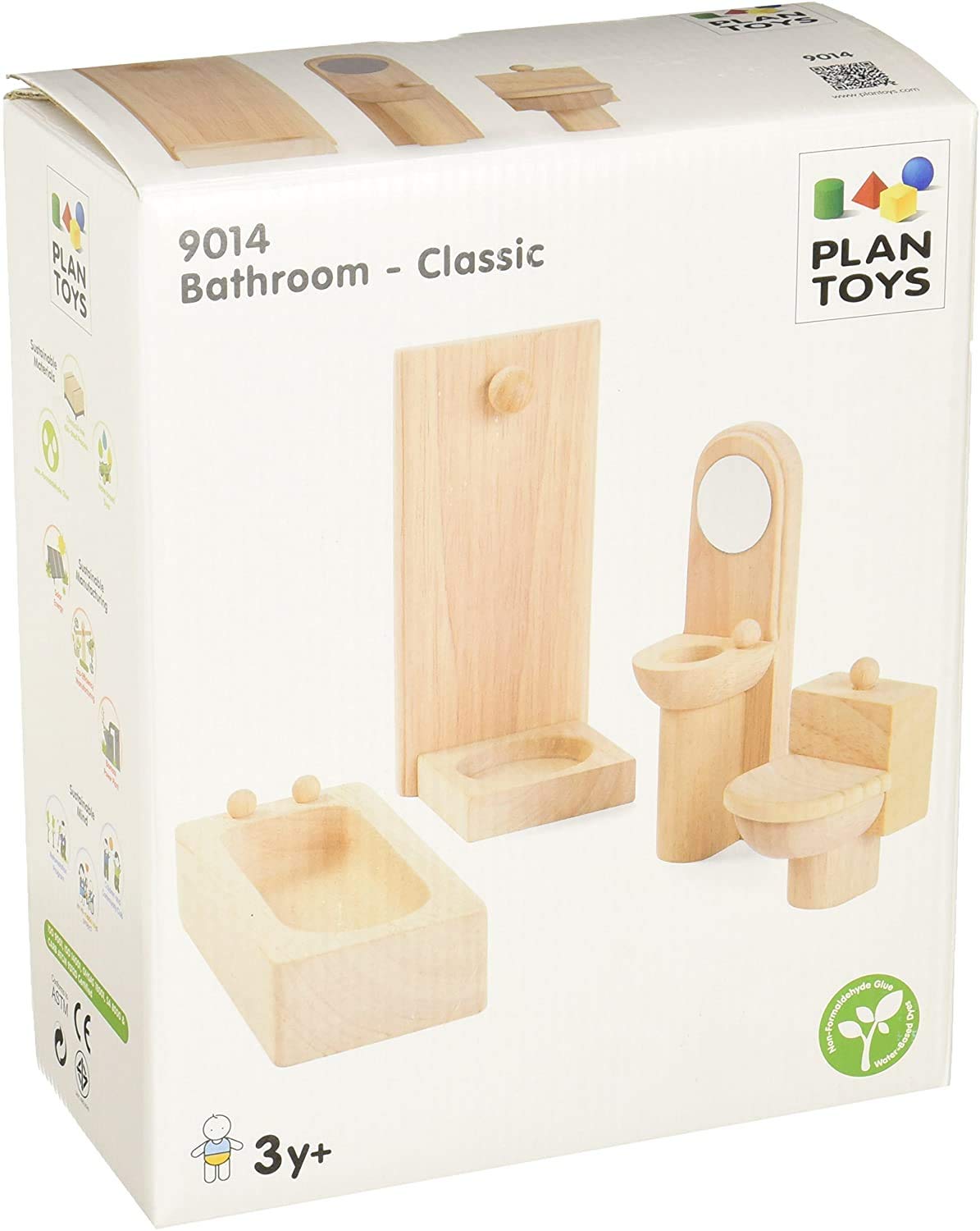 Plantoys Wooden Classic Line Of Dollhouse Furniture- Bathroom Set (9014) | Sustainably Made From Rubberwood And Non-Toxic Paints