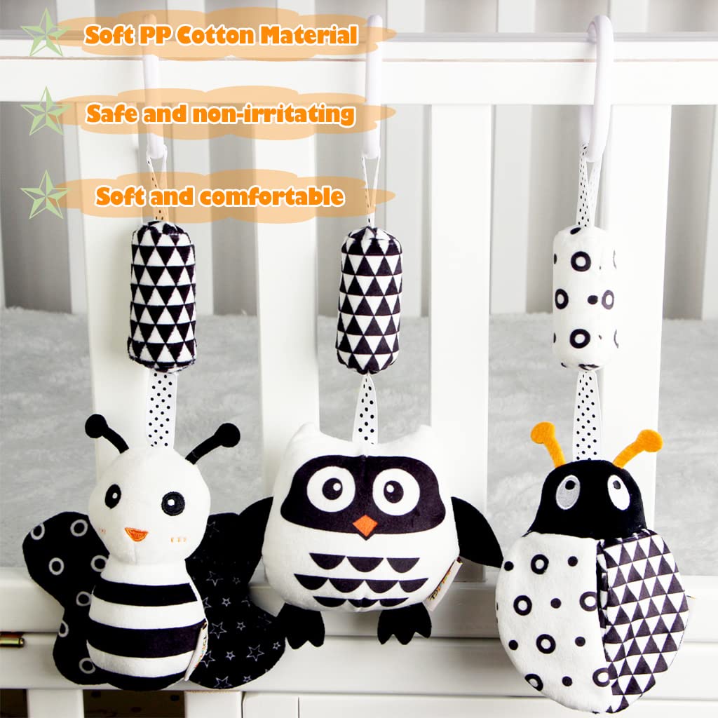 Kakiblin Baby Hanging Toy,3 Pack Black And White Baby Toys For 3 6 9 12 Months, High Contrast Hanging Baby Toys,Plush Soft Stroller Rattles Toys For Boys And Girls(21Cm, Ladybug,Bee & Owl)