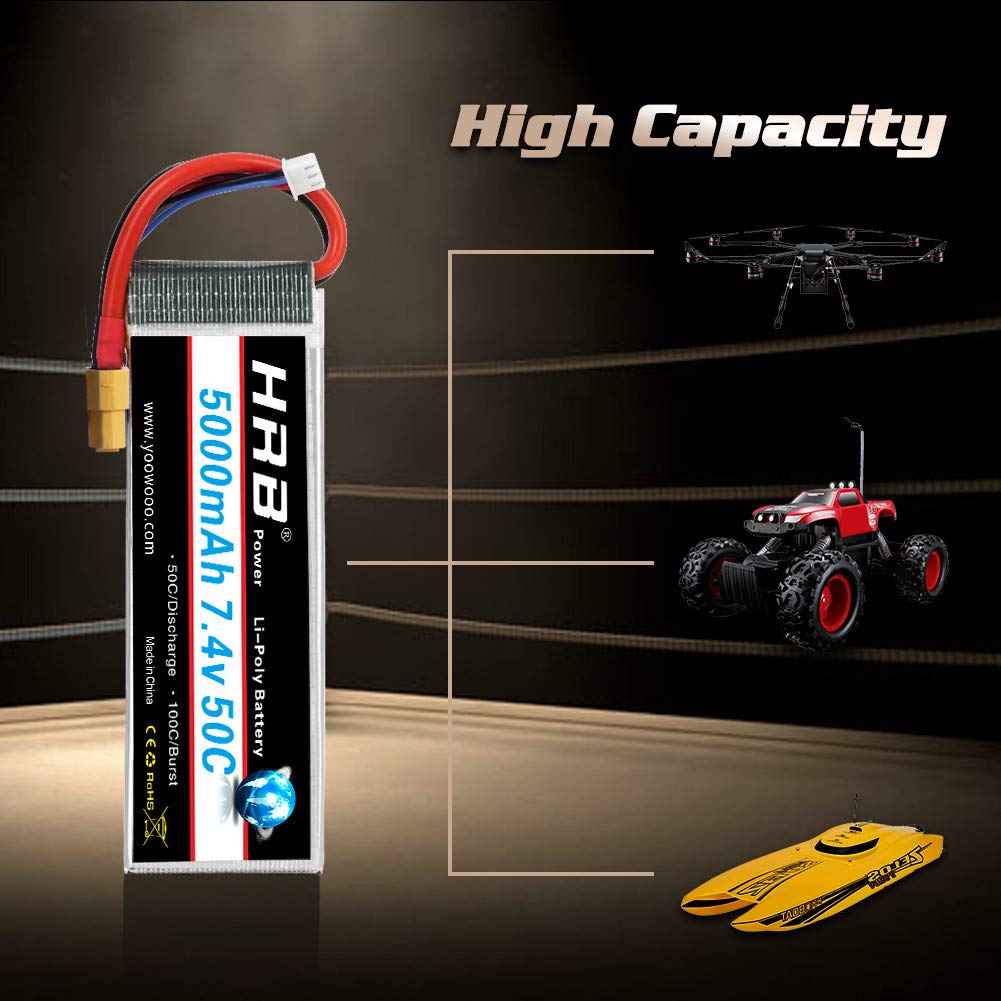HRB 7.4V 5000mAh 50C XT60 Lipo Battery Compatible with RC Car RC Plane RC Truck RC Boat