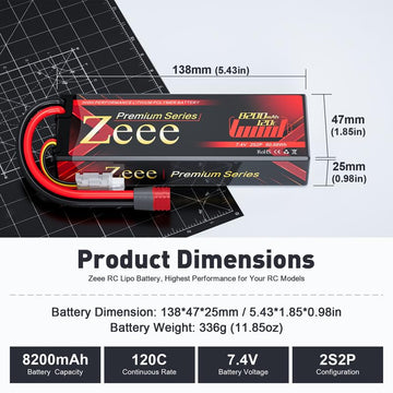 Zeee Premium Series 2S 8200mAh Lipo Battery 7.4V 120C Hard Case Batteries with Deans T Connector for RC Car Truck RC Truggy RC B