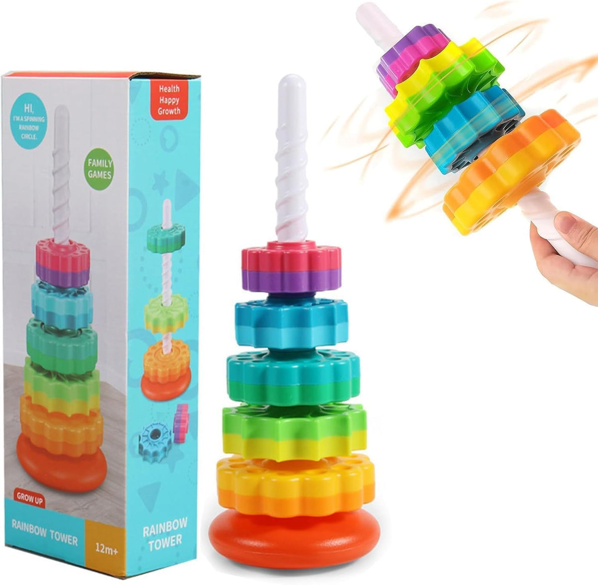 Capers Rainbow Spinning Tower Toy 5 Pieces For Toddlers | Colorful Stacking & Spinning Rings Learning | Educational Sensory For