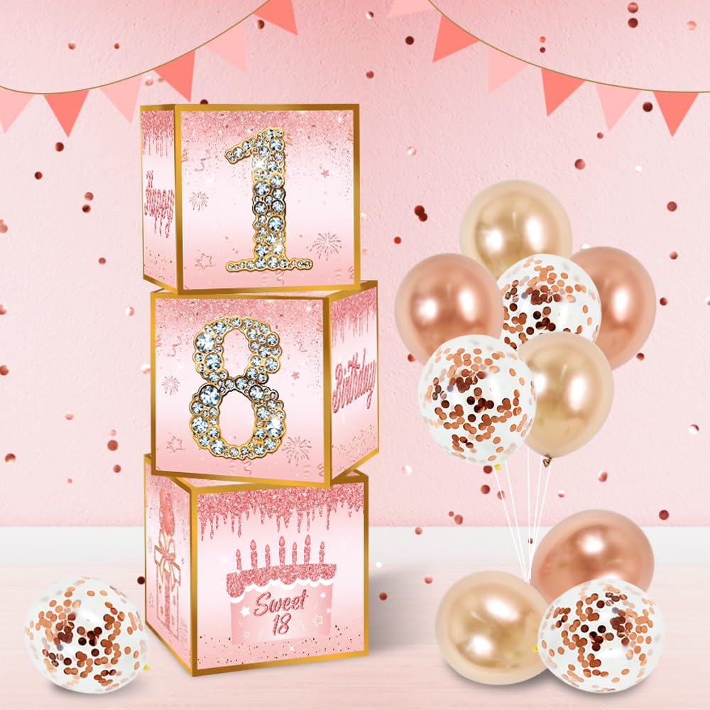 Toniful 4 Pcs Sweet 18Th Birthday Decorations Boxes For Girl, Sixteen Years Old Birthday Cardboard Box,Pink And Rose Gold 18Th B