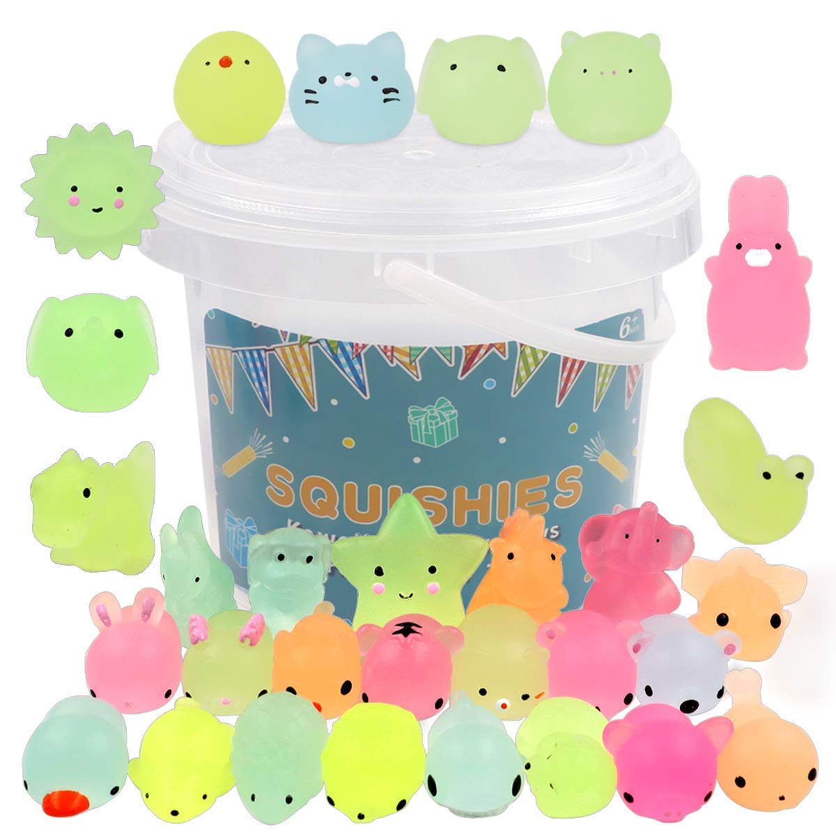Pokonboy 23 Pack Squishies Mochi Squishy Toys Glow In The Dark Party Favors For Kids - Mini Kawaii Squishies Mochi Animals Stress Relief Squishy Pack Squishy Cat Squishys With Storage Box