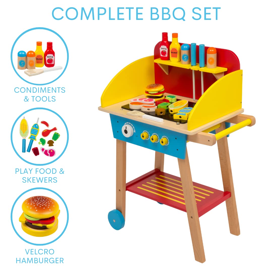 Cook 'N Grill Wood Toy BBQ Set - Includes Pretend Play Wooden Barbeque Food & Grilling Tools for Kids, Boys & Girls, More Than 3