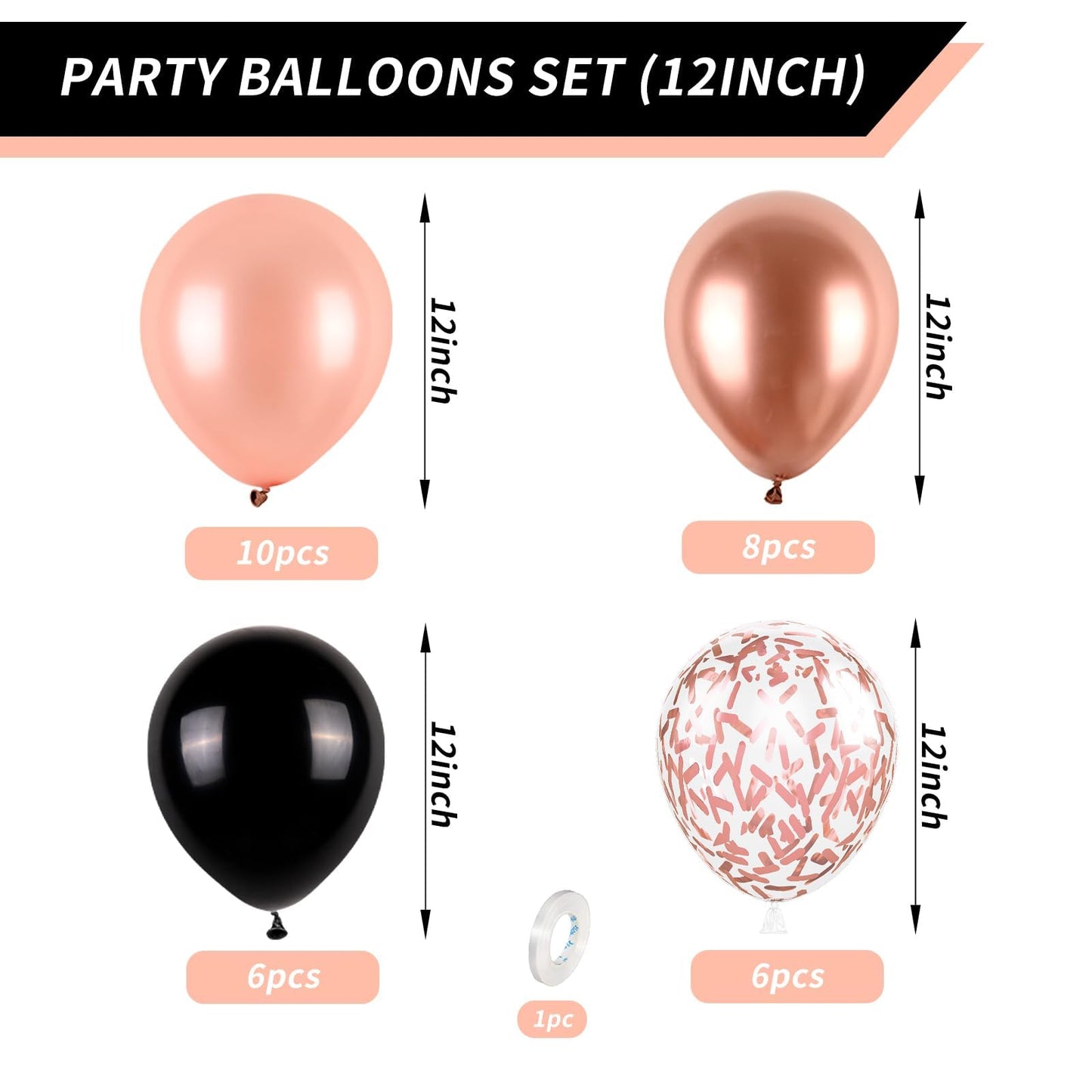 Rose Gold And Black Balloons Set, 12 Inch Metallic Rose Gold Balloons Pearl Rose Gold Confetti Balloons Black Latex Balloons Par