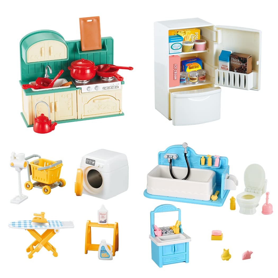 Takihon Dollhouse Furniture Set,Dollhouse Bathroom/Kitchen/Fridge/Washing Machine Laundry Set For Kids,Doll House Miniature Acce